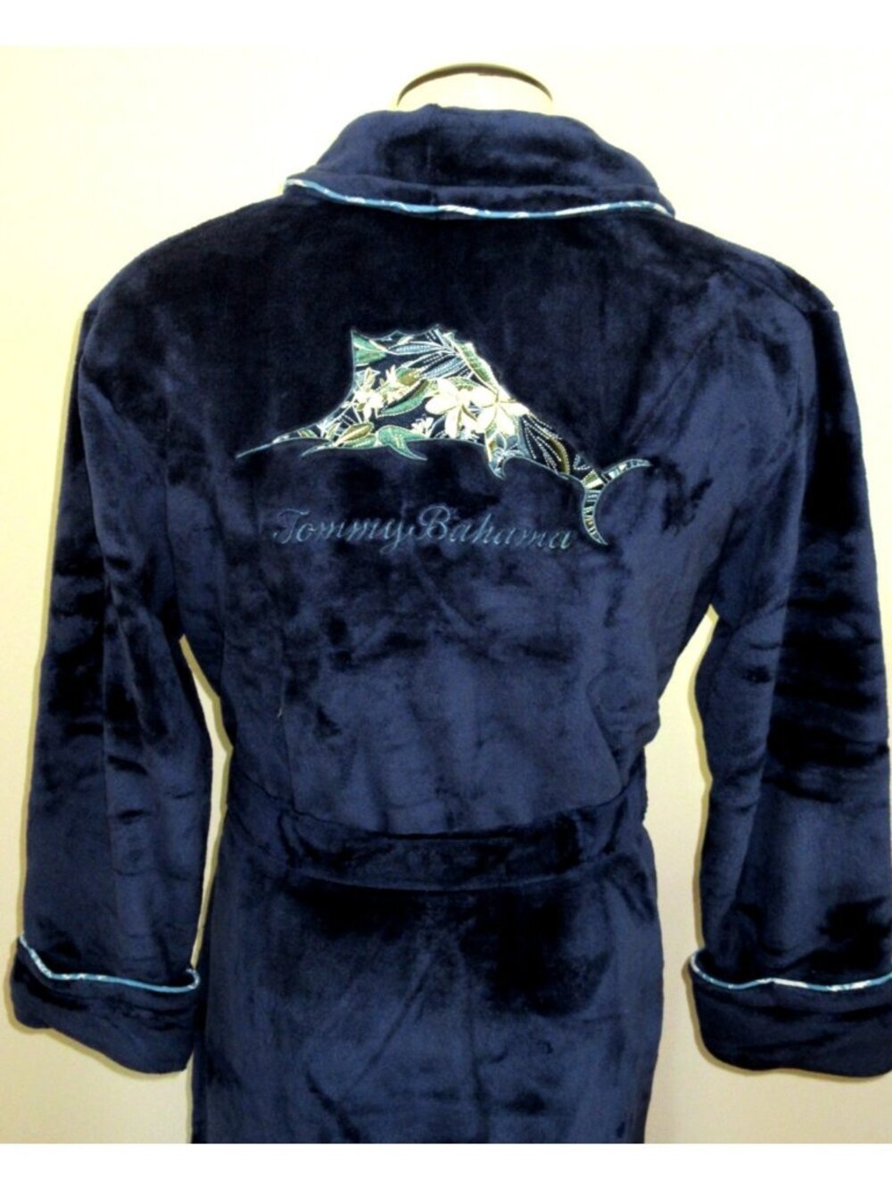 Tommy Bahama Men's Plush Marlin Embroidered Cozy Robe Navy Blue Relax NWT